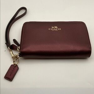Coach Metallic Wine Colored Double Zipper Wristlet/Wallet